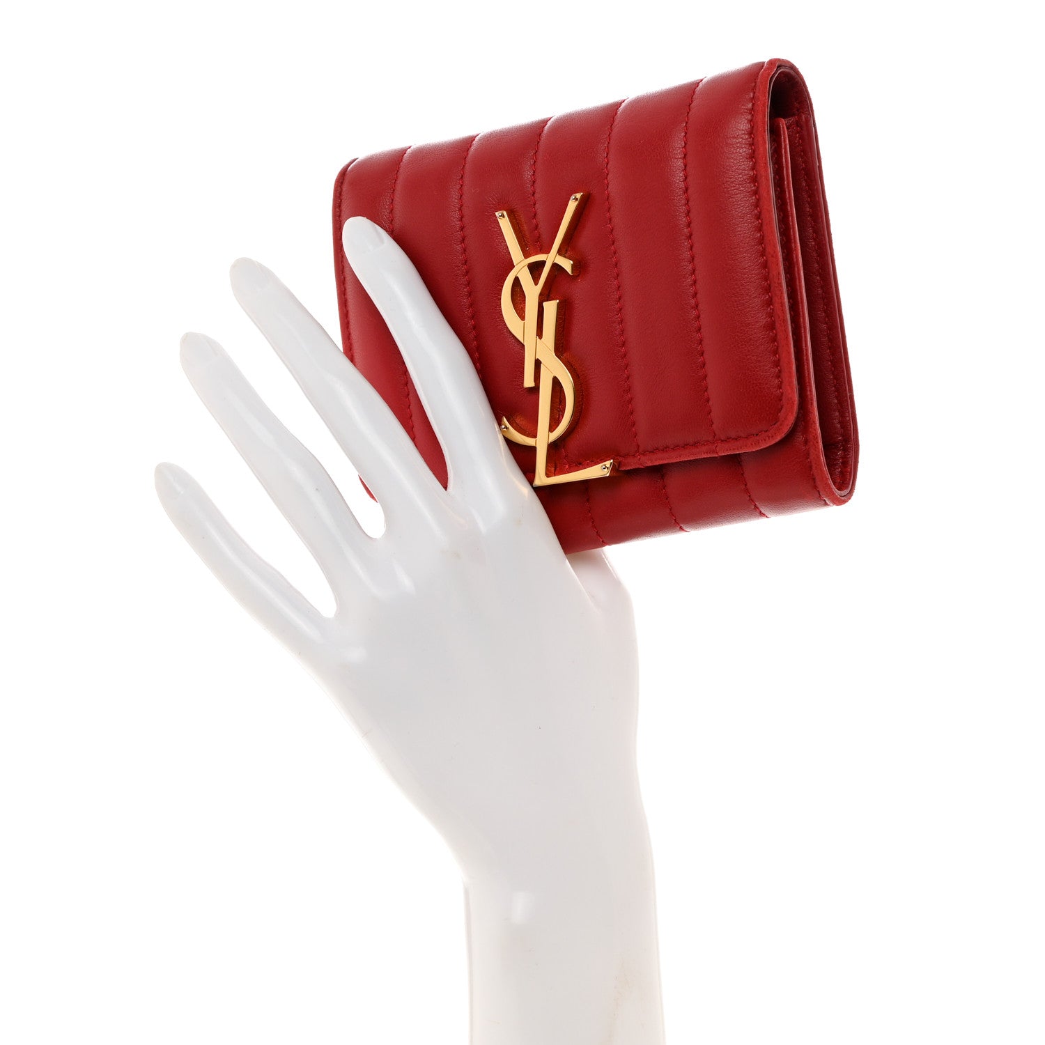 Saint Laurent Lambskin Matelasse Monogram Vicky Tri-Fold Wallet Rouge Eros 2 of 16