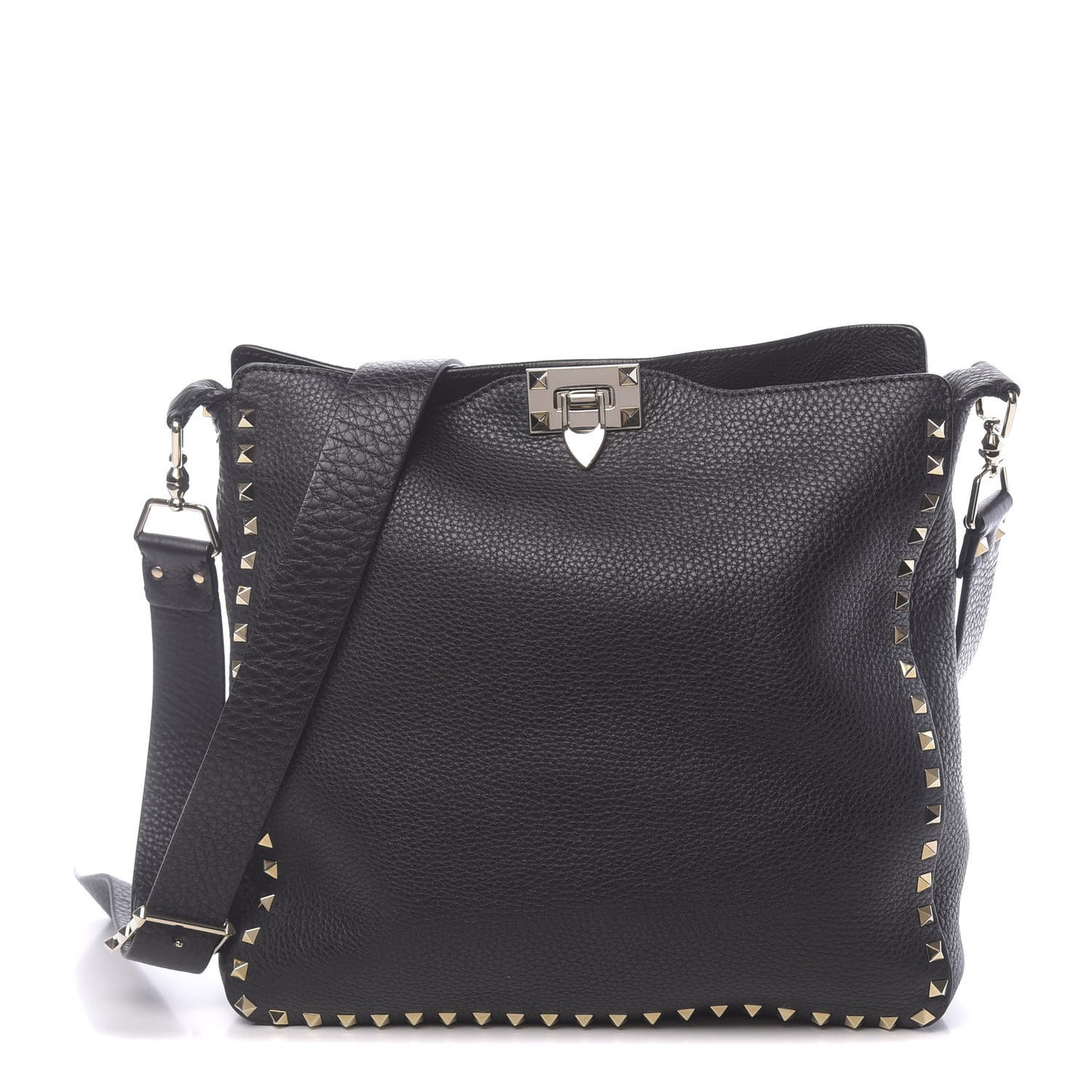 Pebbled Calfskin Large Rockstud Flip-Lock Messenger Bag Black
