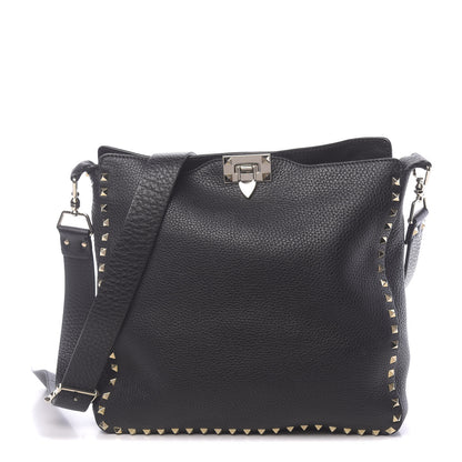Valentino Garavani Pebbled Calfskin Large Rockstud Flip-Lock Messenger Bag Black 1 of 9