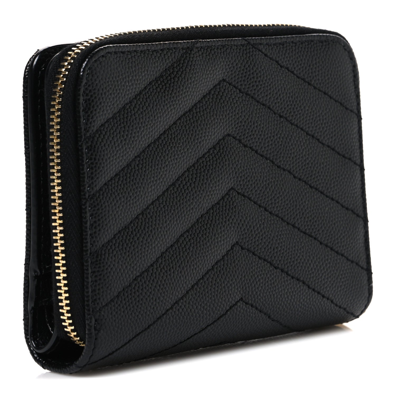 Saint Laurent Grain De Poudre Matelasse Chevron Monogram Compact Zip Around Wallet Black 3 of 8