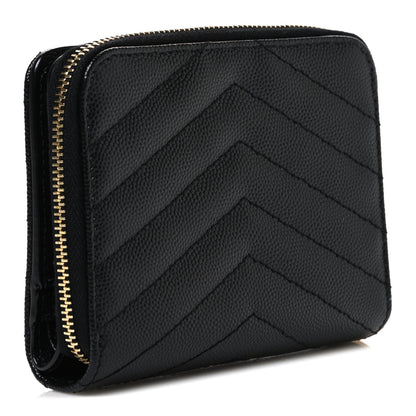 Saint Laurent Grain De Poudre Matelasse Chevron Monogram Compact Zip Around Wallet Black 3 of 8