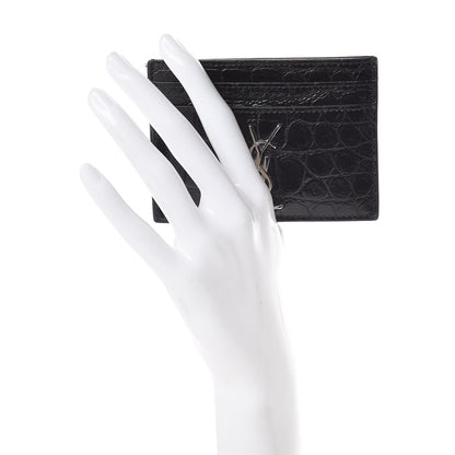 Saint Laurent Calfskin Crocodile Embossed Monogram Credit Card Case Black 2 of 8