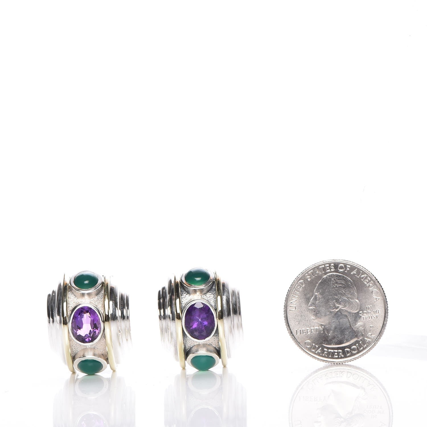 David Yurman Sterling Silver 14K Yellow Gold Amethyst Green Onyx Renaissance Earrings 2 of 5