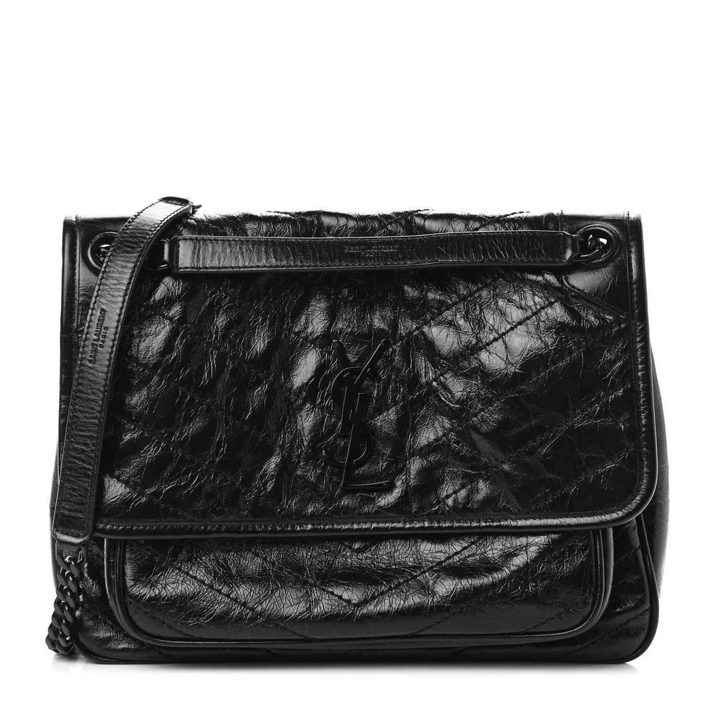Crinkled Calfskin Matelasse Monogram Medium Niki Chain Satchel Black