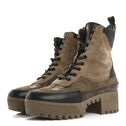 Louis Vuitton Suede Calfskin Monogram Laureate Platform Desert Boots 37.5 Taupe 4 of 17