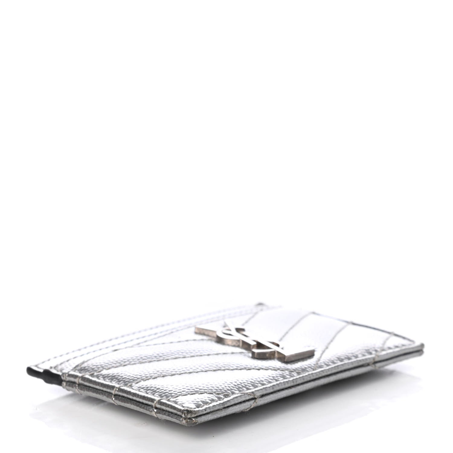 Saint Laurent Metallic Grain De Poudre Matelasse Chevron Monogram Credit Card Case Argento 4 of 9