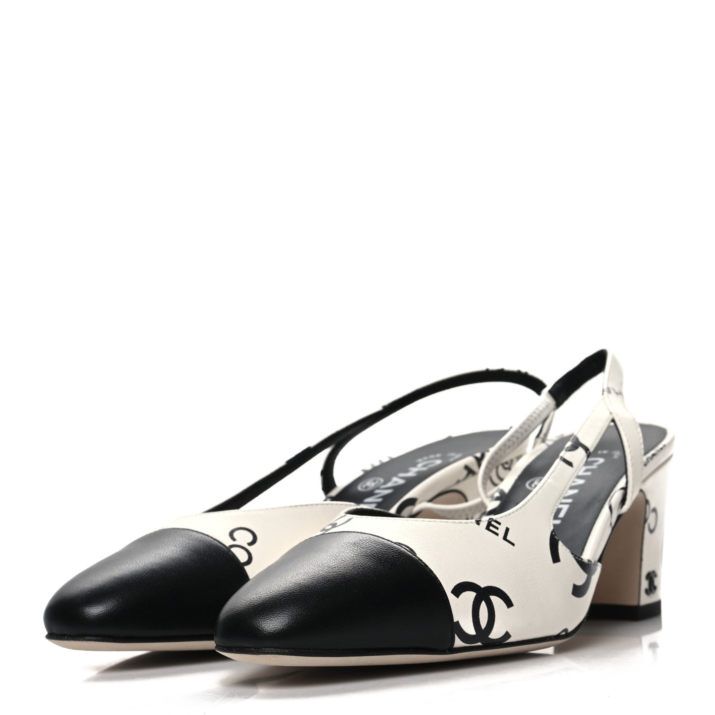 Printed Lambskin Cap Toe CC Slingback Pumps 37 Black White