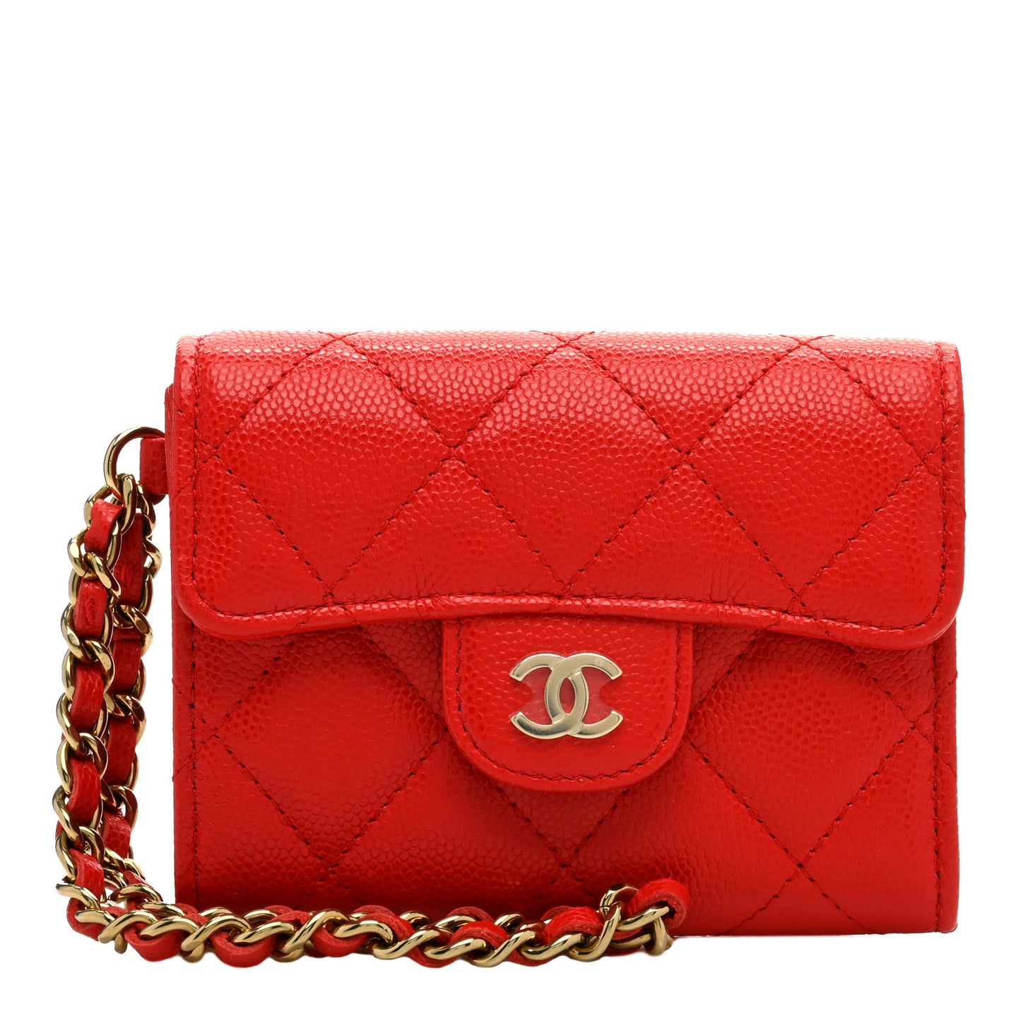 Caviar Quilted Flap Card Holder Chain Wristlet Red