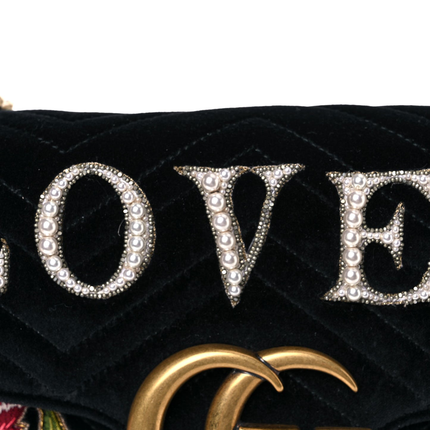 Velvet Matelasse Loved Embroidered Medium GG Marmont Shoulder Bag Black