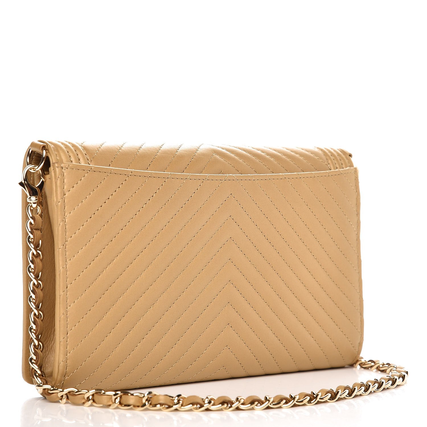 Chanel Calfskin Chevron Quilted Boy Wallet On Removable Chain WOC Dark Beige 3 of 11