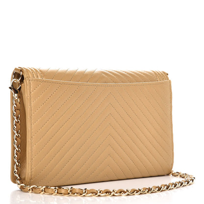 Chanel Calfskin Chevron Quilted Boy Wallet On Removable Chain WOC Dark Beige 3 of 11