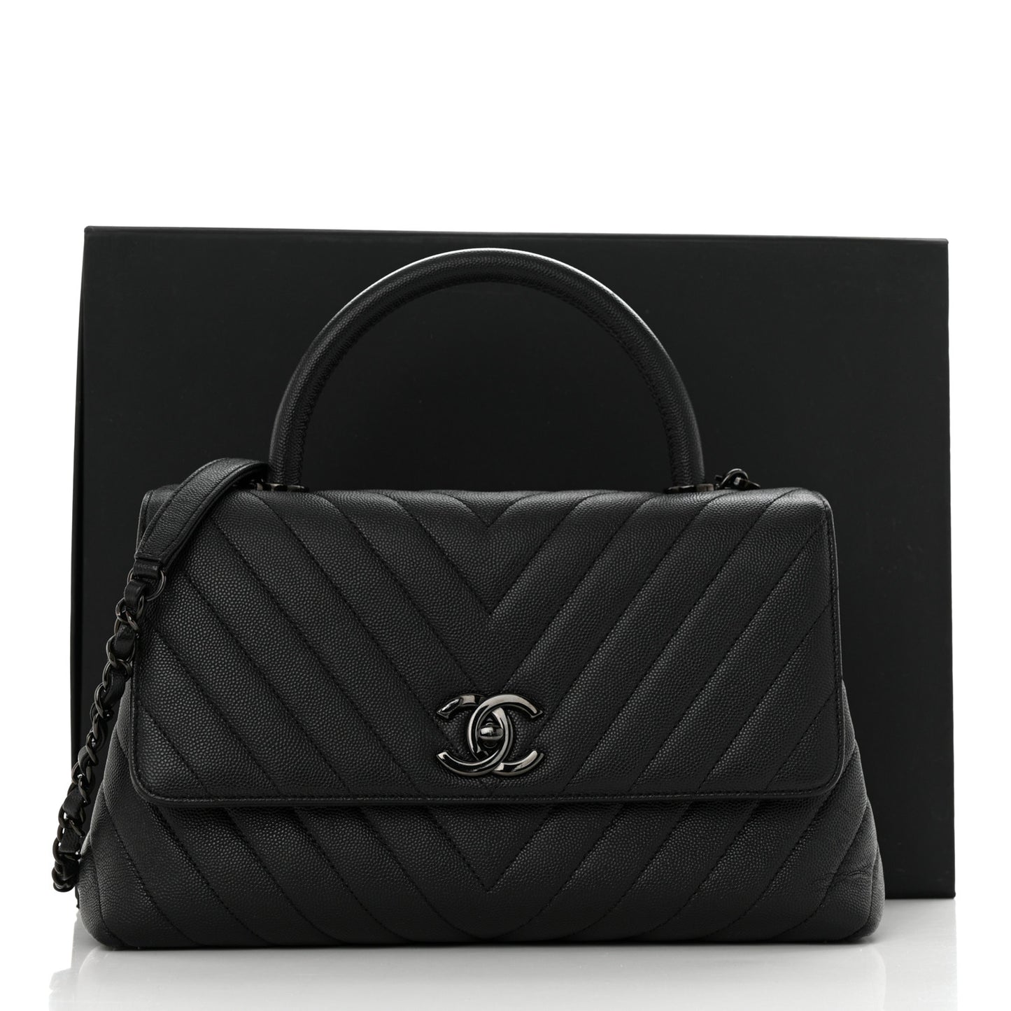 Caviar Chevron Quilted Small Coco Handle Flap So Black