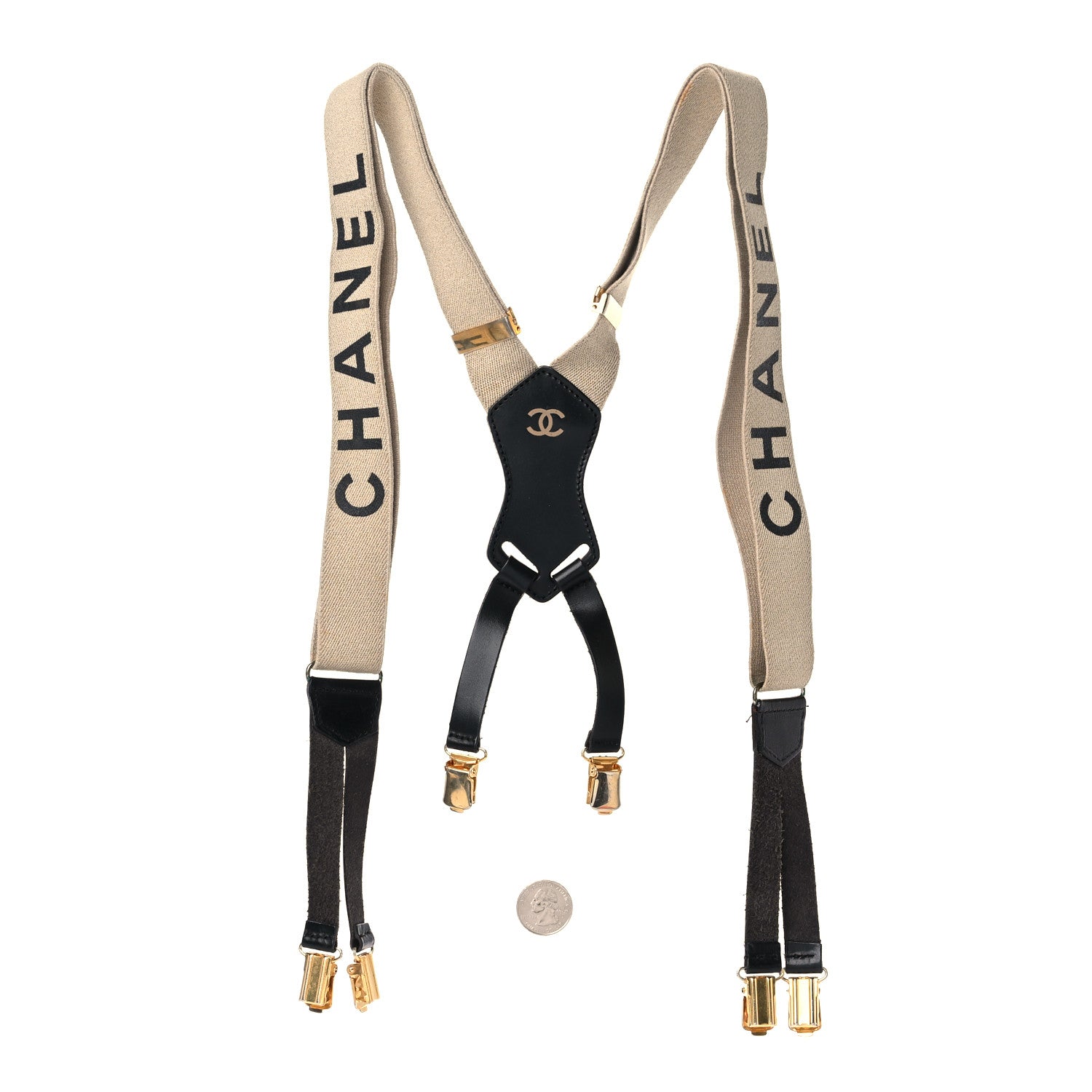 Chanel Elastic Logo Suspenders Beige Black 2 of 12