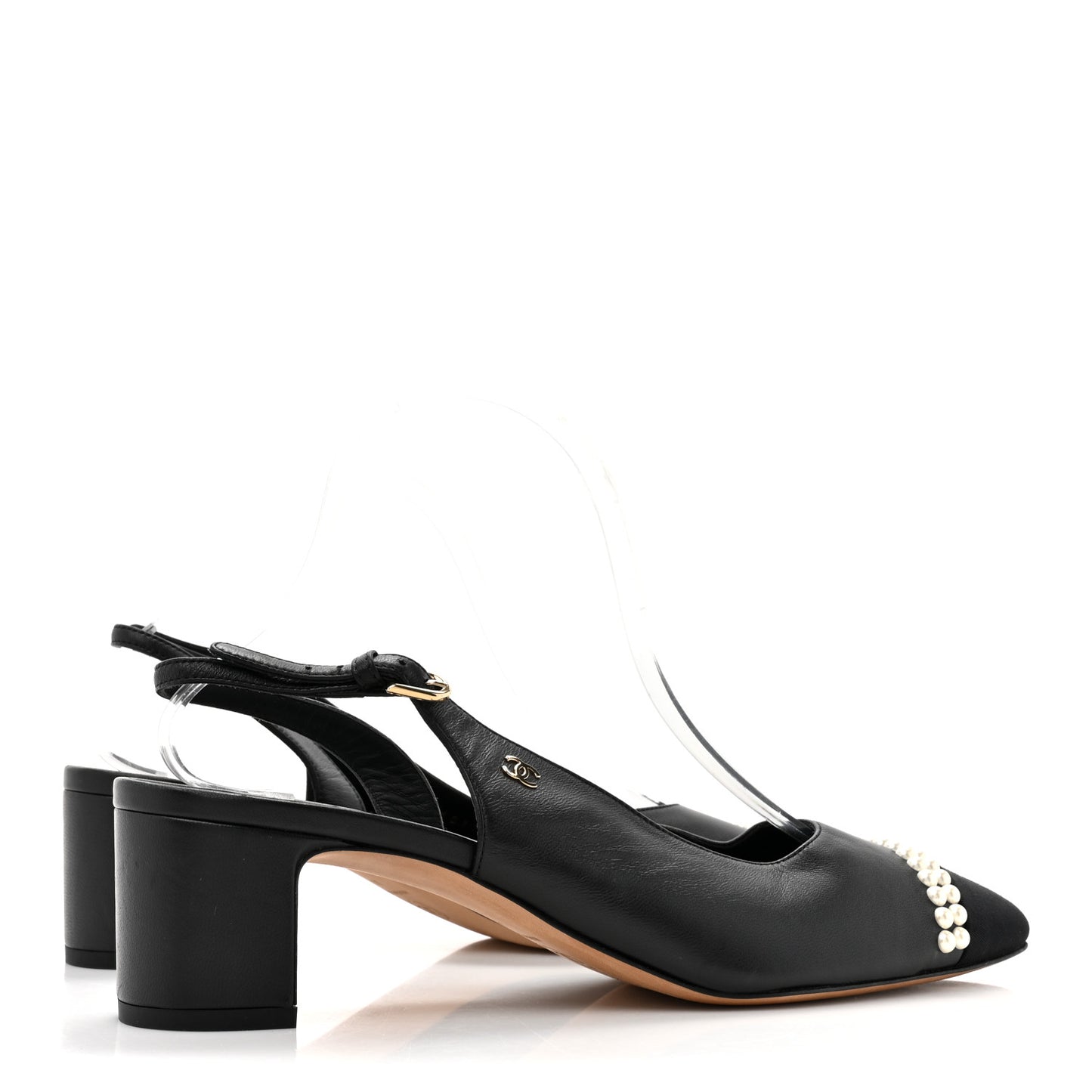 Lambskin Grosgrain Pearl Cap Toe CC Slingback Pumps 41 Black