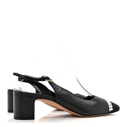 Chanel Lambskin Grosgrain Pearl Cap Toe CC Slingback Pumps 41 Black 4 of 11
