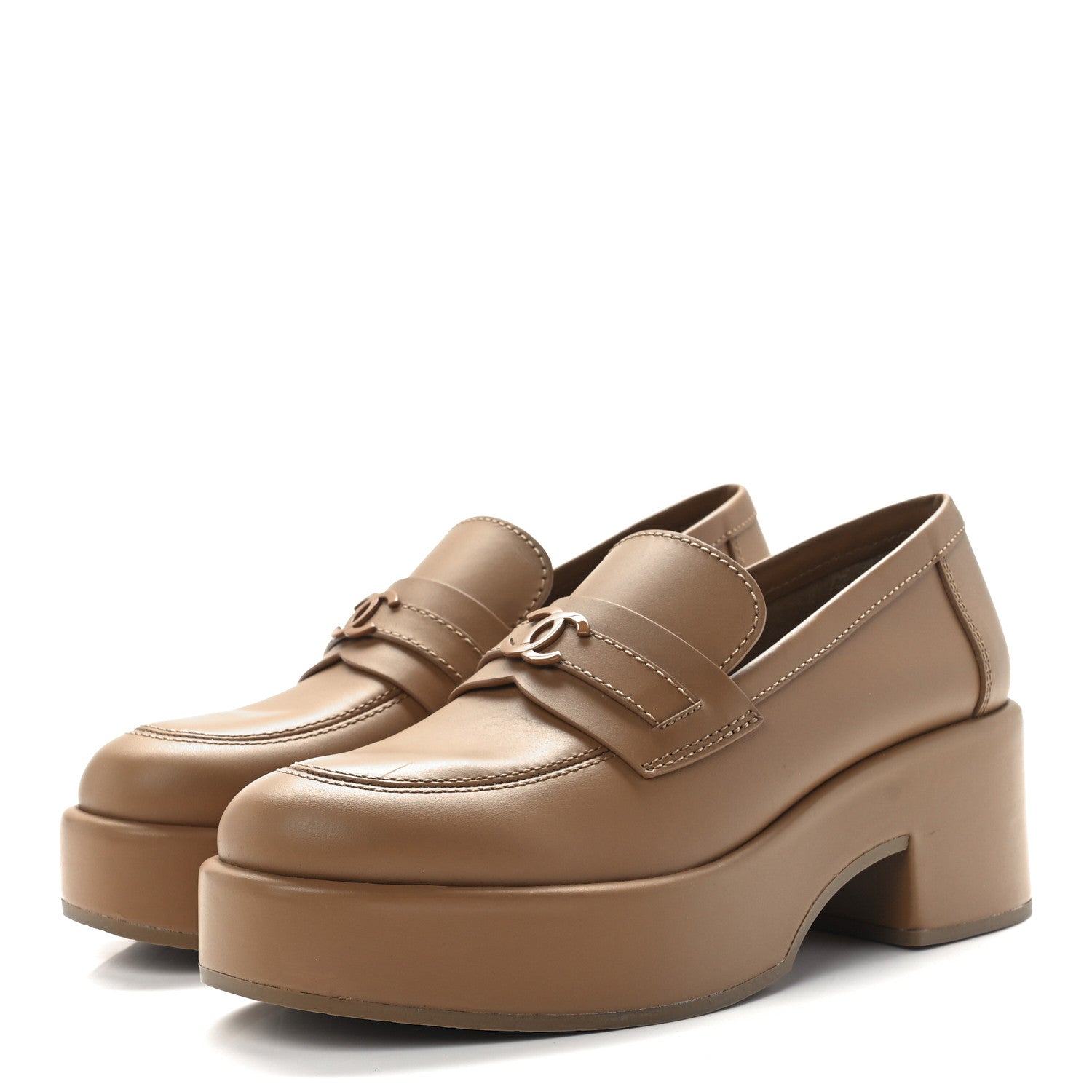 Chanel Calfskin CC Platform Loafers 38 Beige 3 of 8