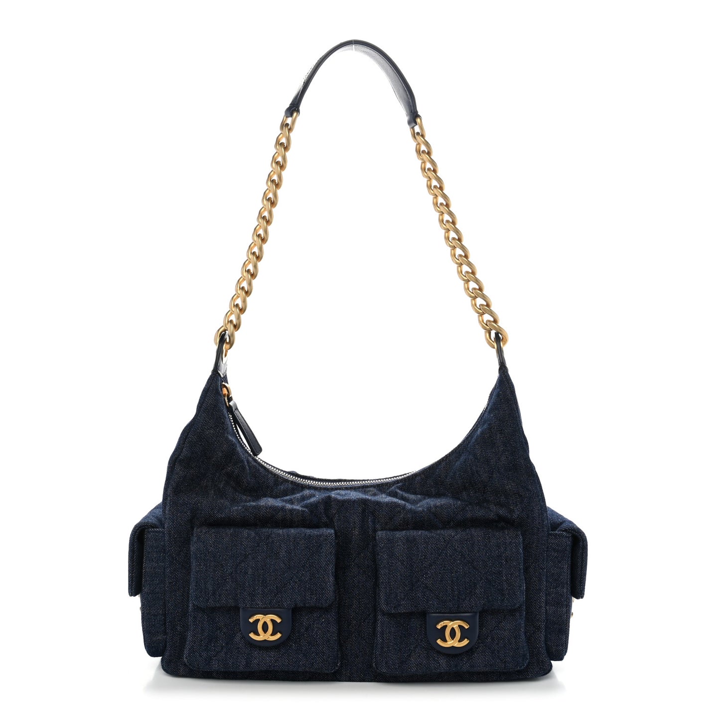 Washed Denim Quilted Maxi Trendy Pockets Hobo Dark Blue