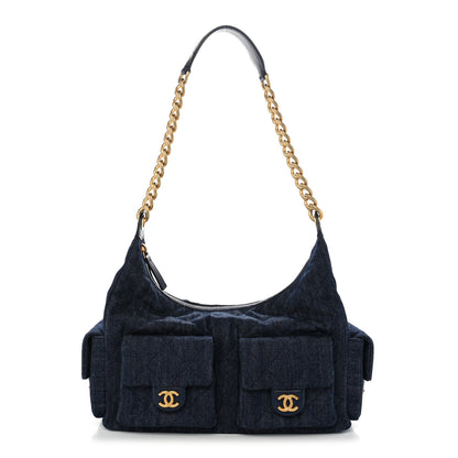 Chanel Washed Denim Quilted Maxi Trendy Pockets Hobo Dark Blue 1 of 10