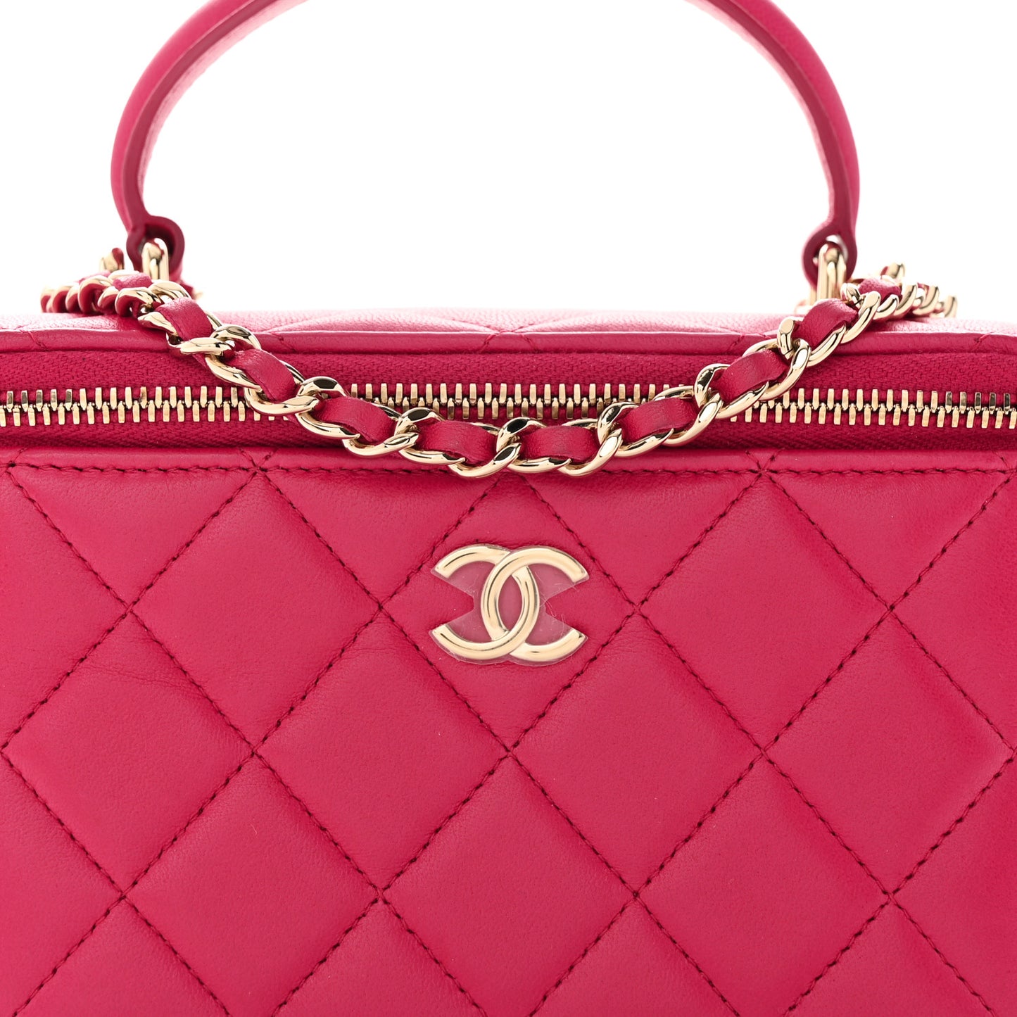 Lambskin Quilted Small Top Handle Vanity Case With Chain Dark Pink