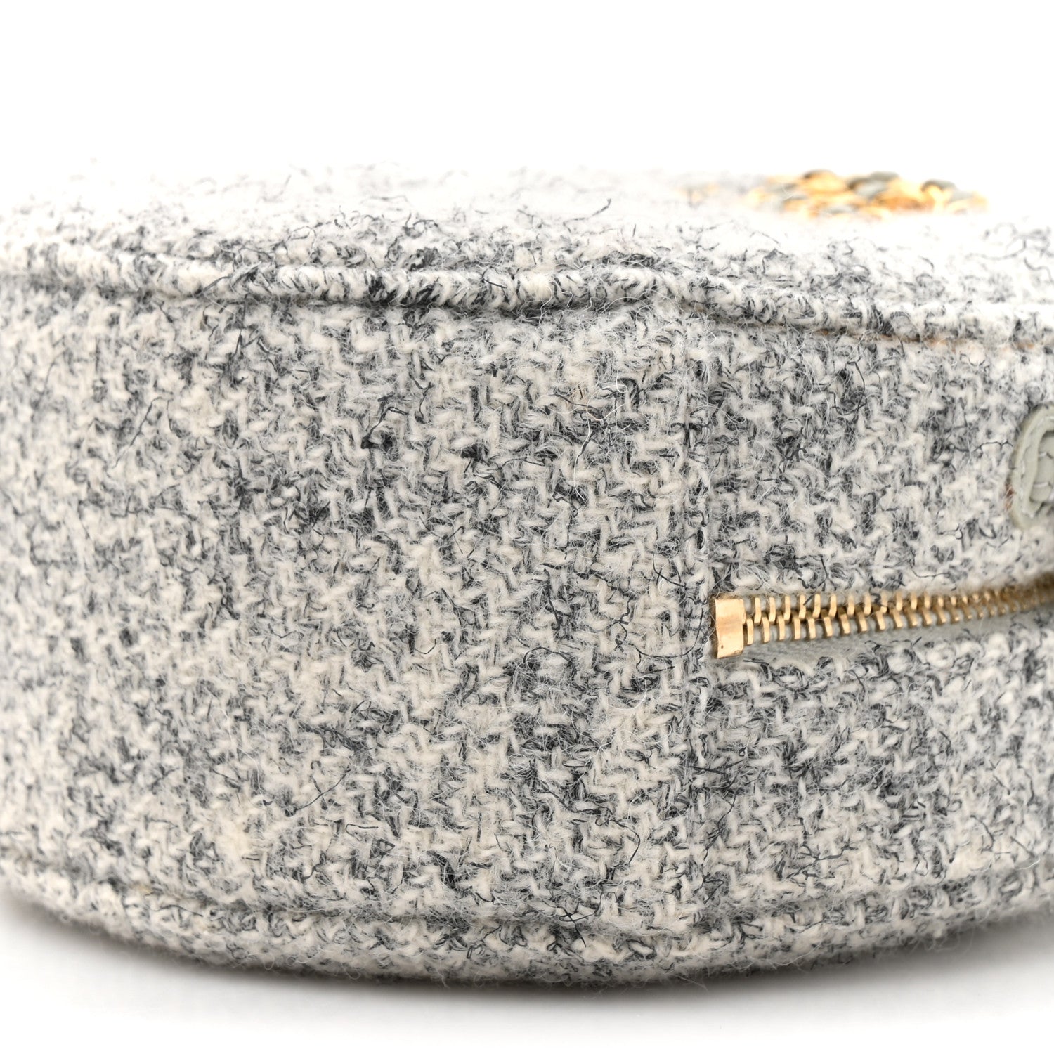 Chanel Wool Tweed Lambskin Quilted Chanel 19 Round Clutch With Chain Grey Ecru 9 of 10