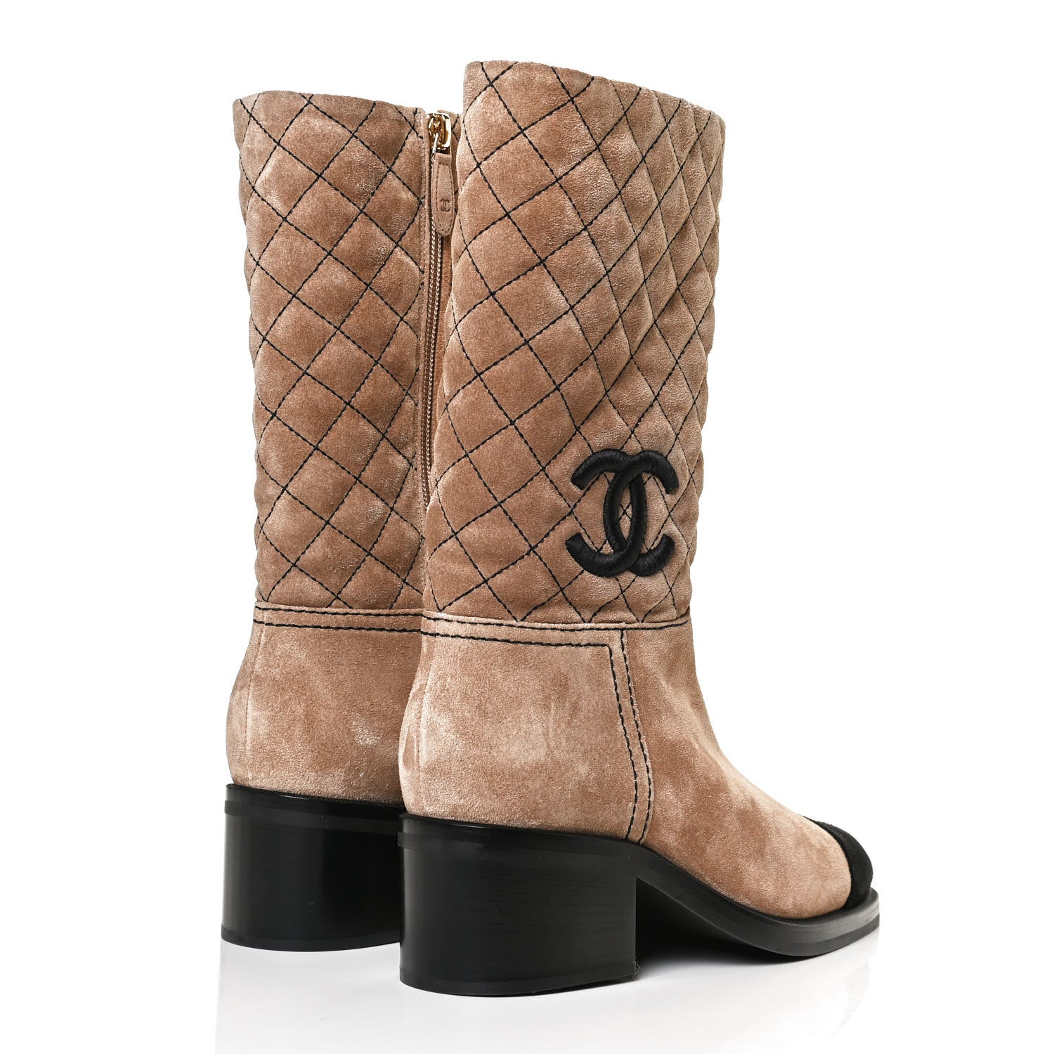 Chanel Suede Quilted CC High Boots 38 Dark Beige Black 4 of 11