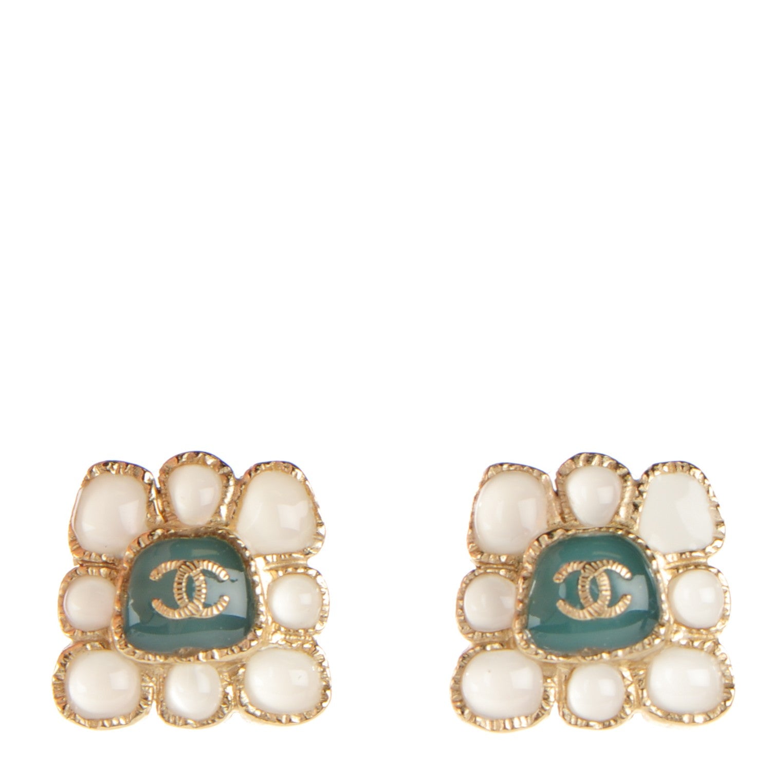 Chanel Gripoix CC Earrings Gold Green White 1 of 4