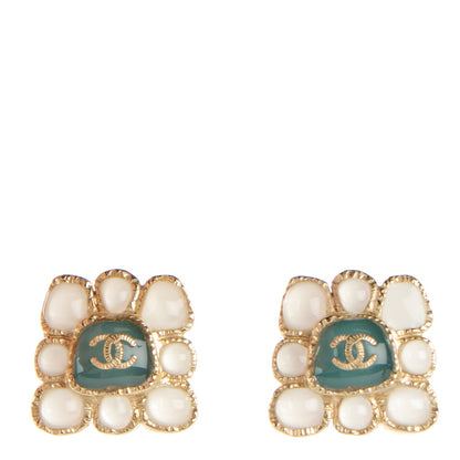 Chanel Gripoix CC Earrings Gold Green White 1 of 4