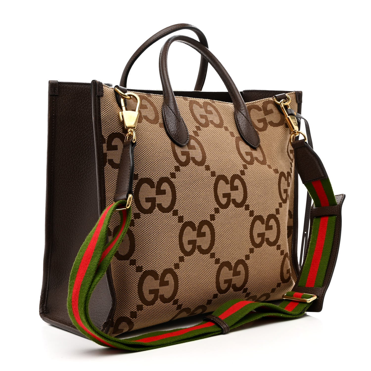 Gucci Monogram Jumbo GG Textured Dollar Calfskin Web Tote Bag Camel Ebony New Acero 3 of 15