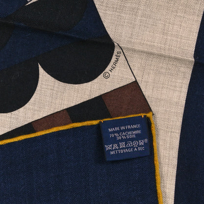 Hermes Cashmere Silk Cheval De Fete Shawl 140 Naturel Marine Moutarde 3 of 4