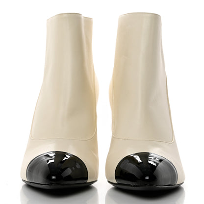 Chanel Lambskin Patent Calfskin Pearl Cap Toe Short Boots 42 Ivory Black 2 of 9