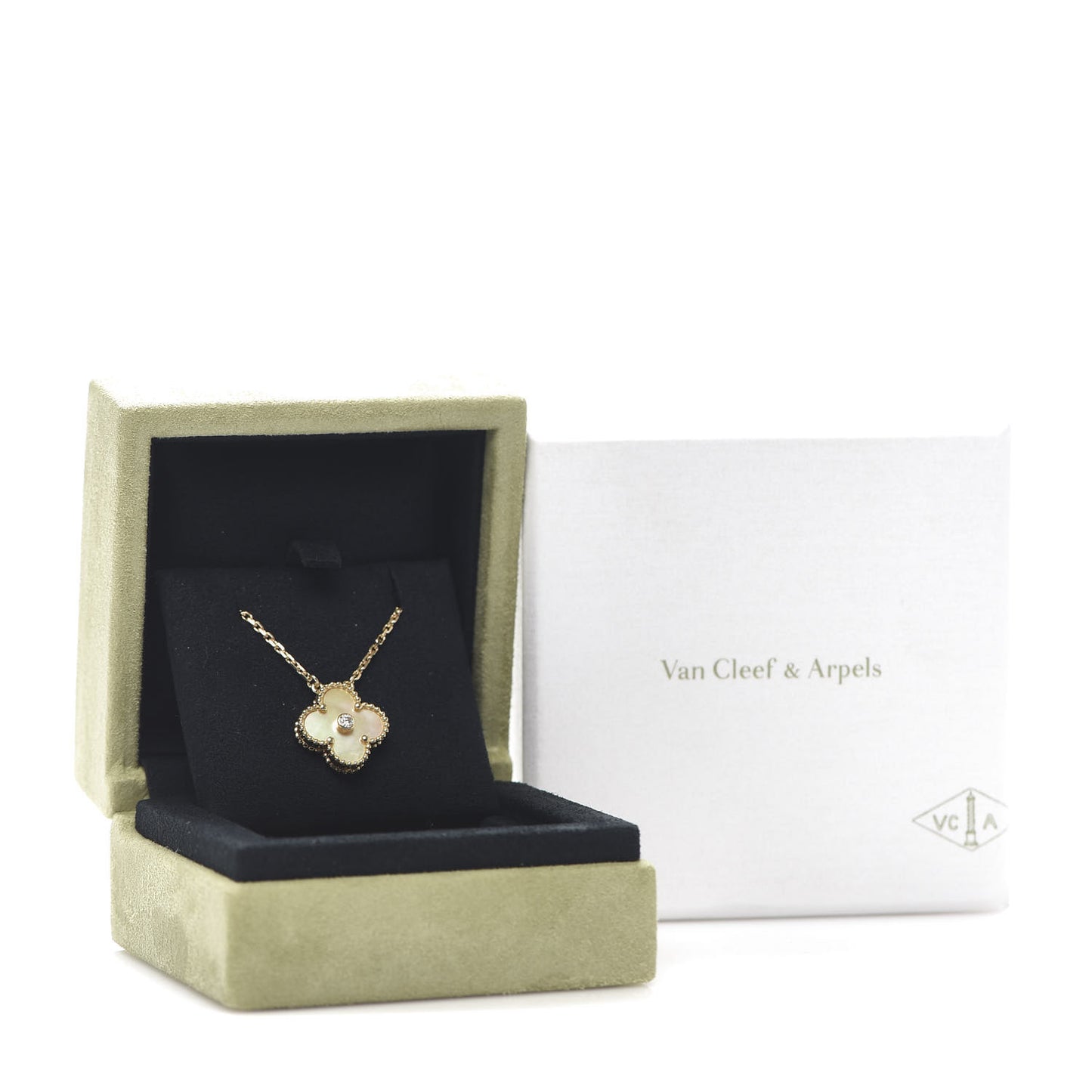 18K Yellow Gold Diamond Yellow Mother of Pearl Vintage Alhambra Pendant Necklace