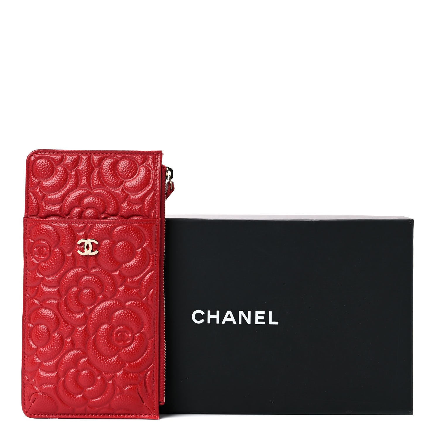 Chanel Caviar Camellia Embossed Classic Flat Wallet Pouch Red 9 of 9