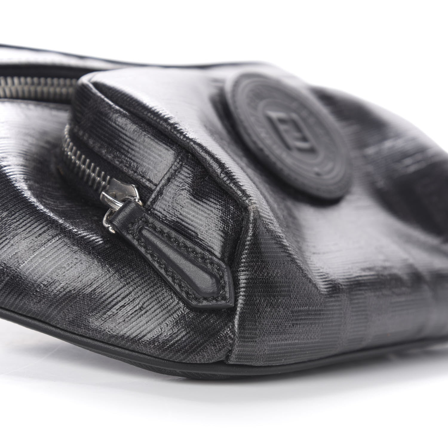Fendi Glazed Fabric Vitello Century FF 1974 Stamp Patch Pocket Belt Bag Black 8 of 10