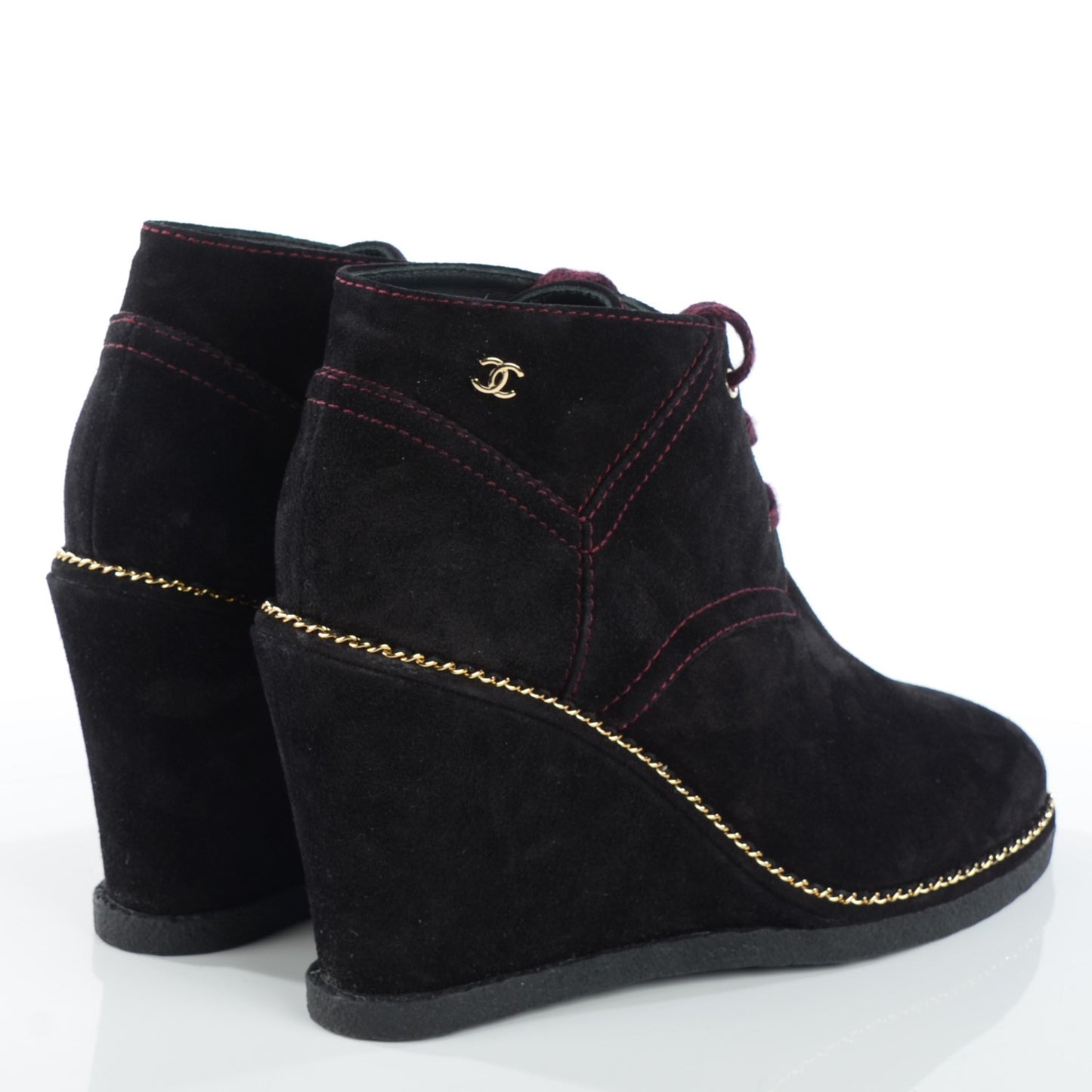 Suede Calfskin Lace Up Wedge Booties 38.5 Black