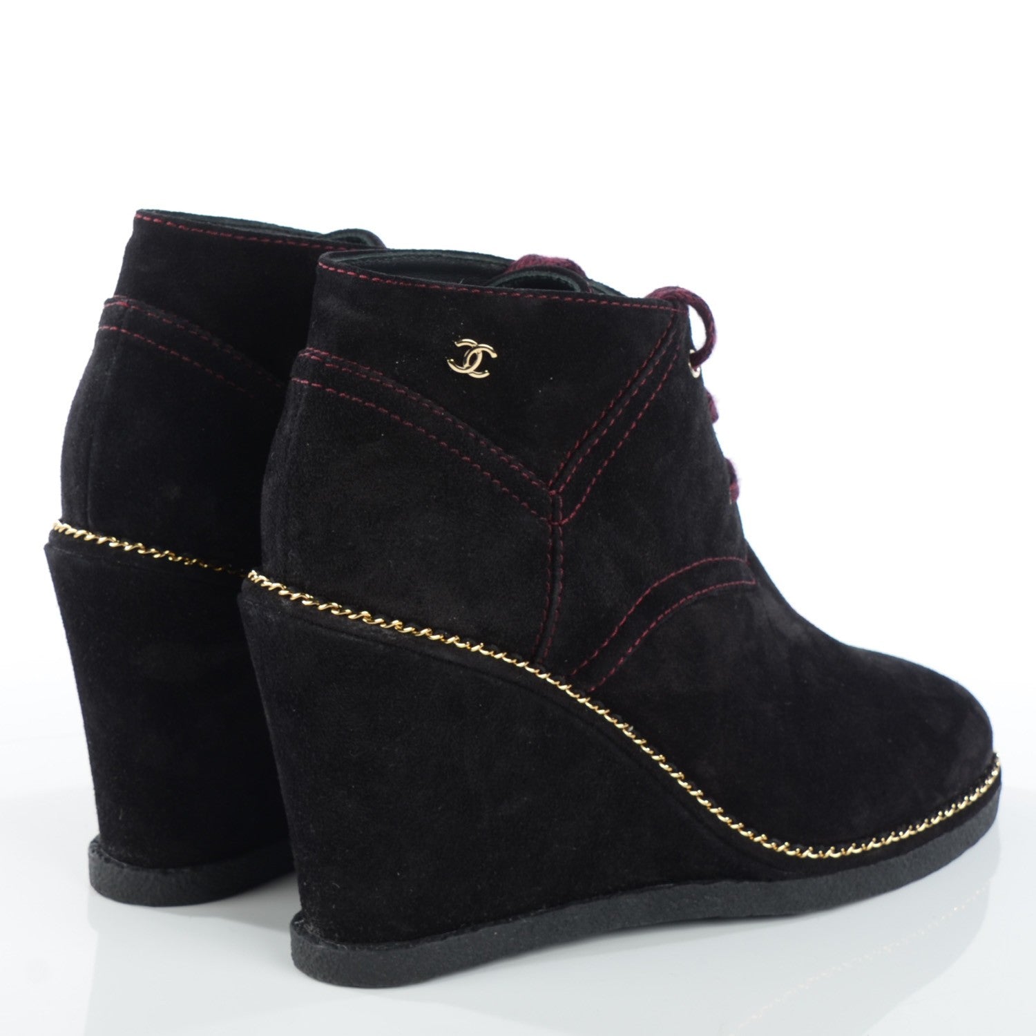 Chanel Suede Calfskin Lace Up Wedge Booties 38.5 Black 4 of 7