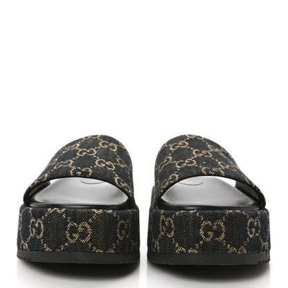 Gucci Jacquard Black Denim GG Monogram Angelina Platform 55mm Slide Sandals 38 Black Ivory 2 of 9