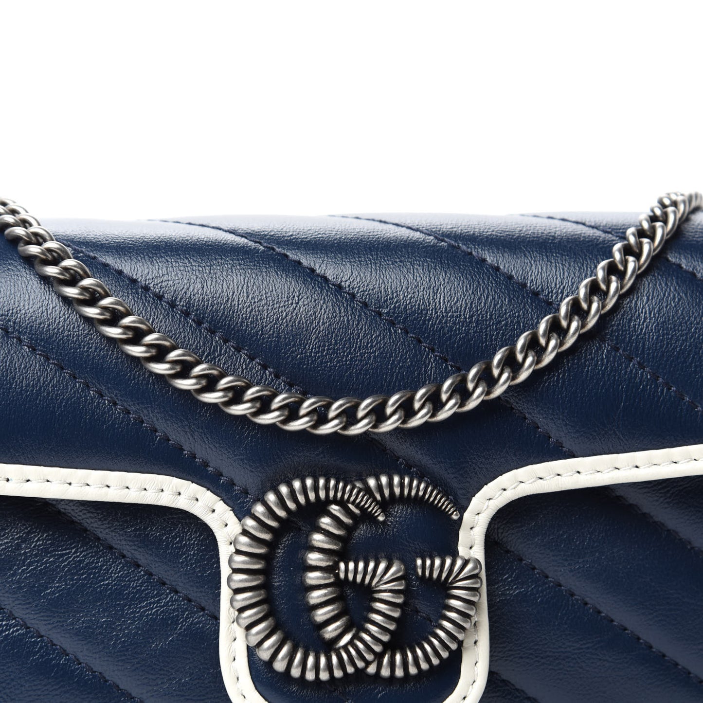 Vintage Effect Calfskin Matelasse Diagonal Super Mini Torchon GG Marmont Shoulder Bag Blue Agata Mystic White