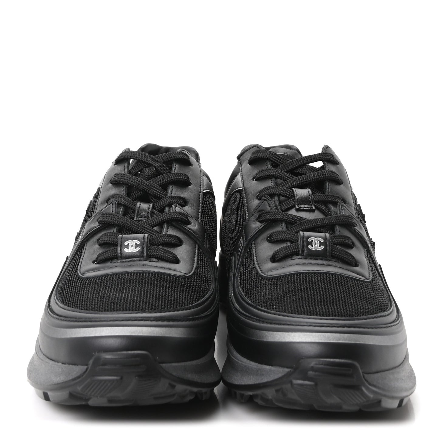 Mesh Calfskin CC Sneakers 37.5 Black Silver