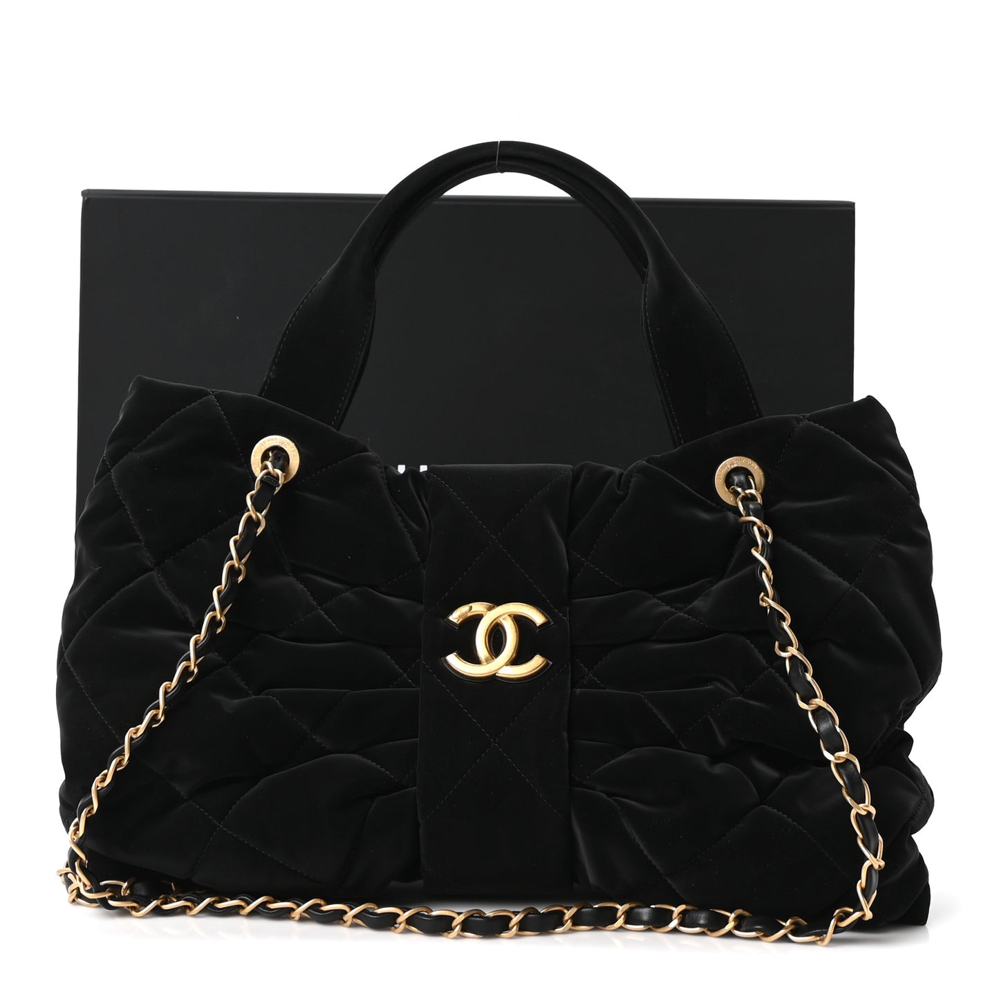 Velvet Effect Nylon Quilted Bow Bag Black