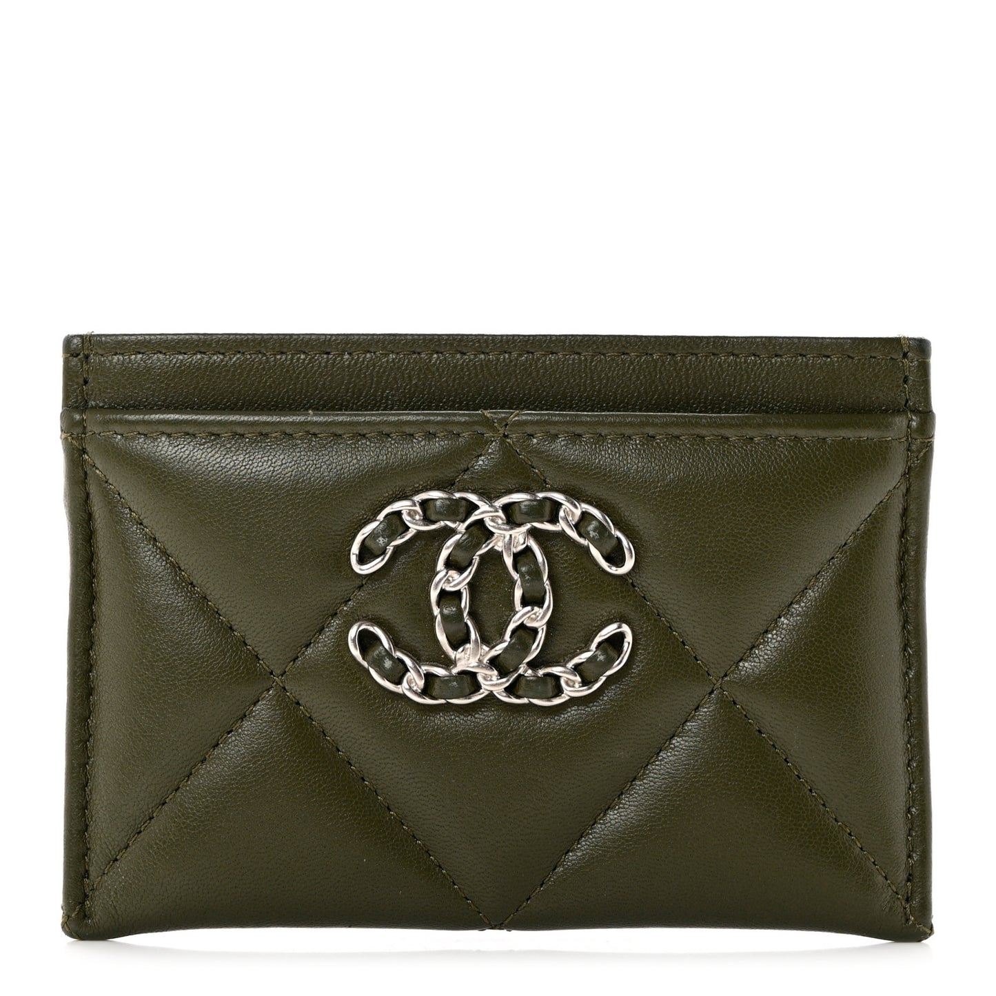 Lambskin Quilted Chanel 19 Card Holder Khaki