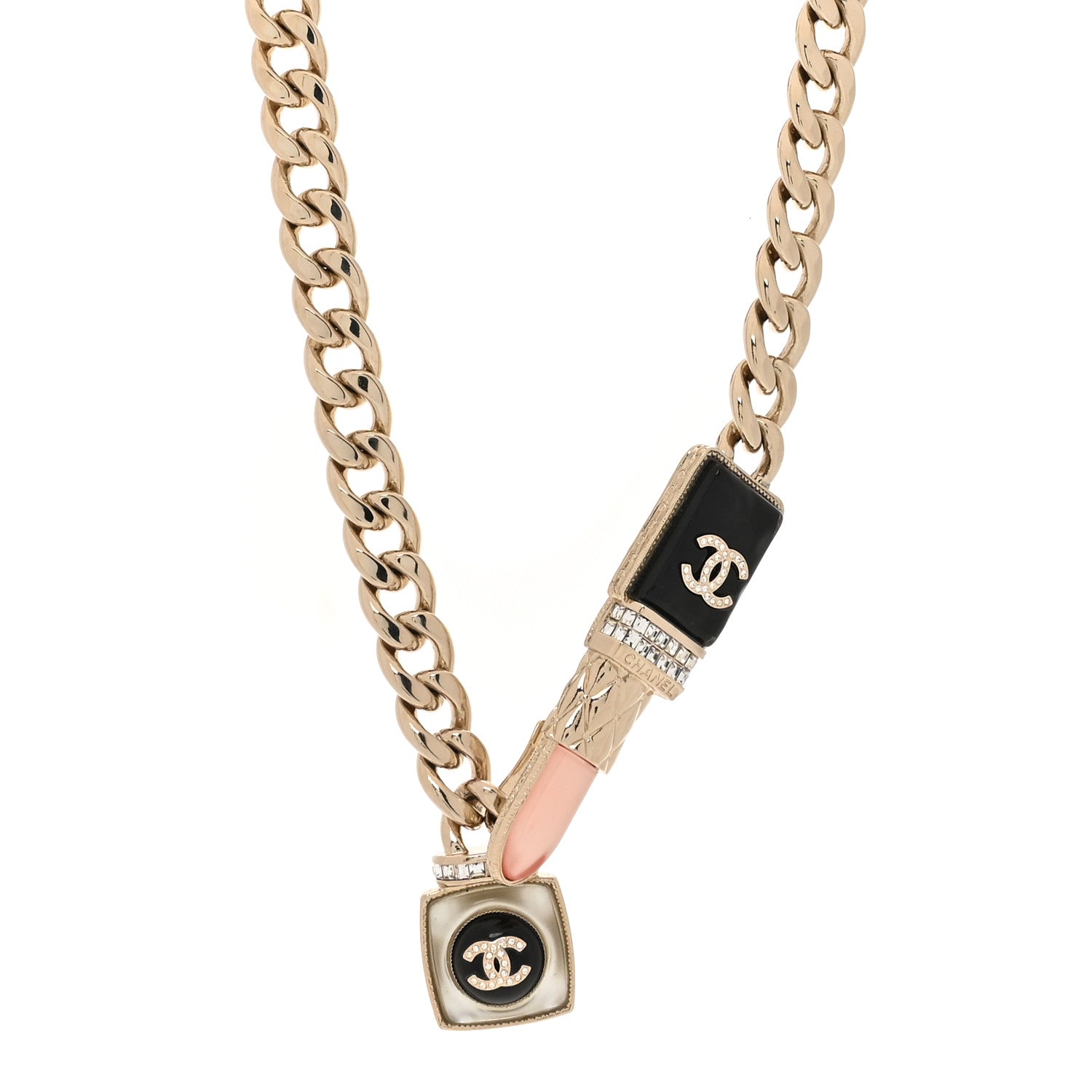 Chanel Metal Strass Pearl Lipstick Necklace Pink Gold 1 of 6