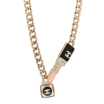 Chanel Metal Strass Pearl Lipstick Necklace Pink Gold 1 of 6