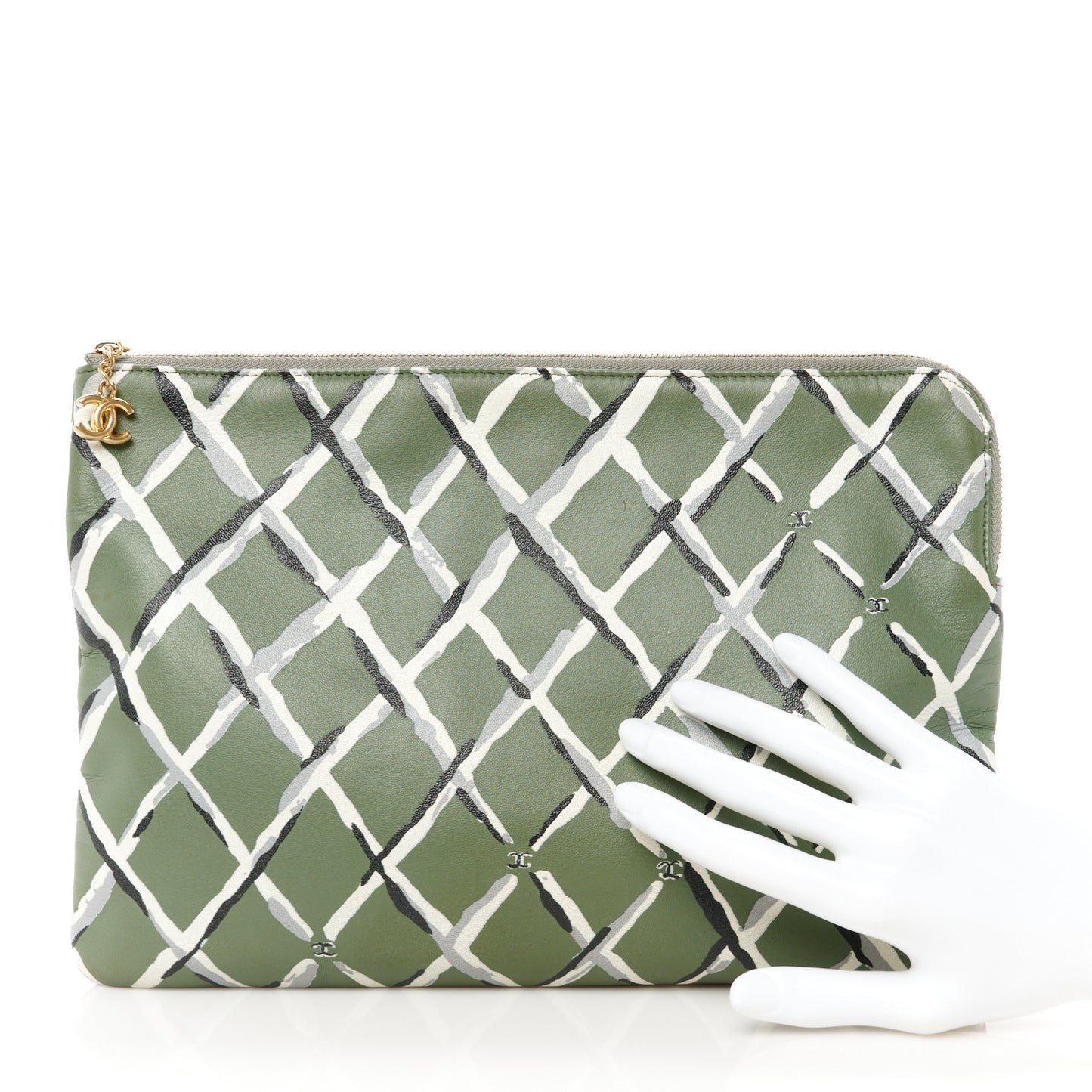 Lambskin Painted Quilt Pouch Green Grey Black