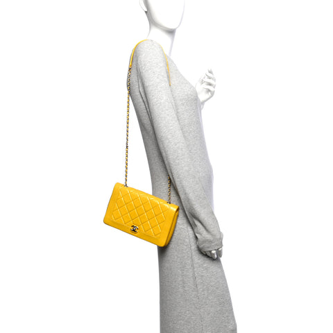 Shiny Aged Calfskin Quilted Flap Yellow