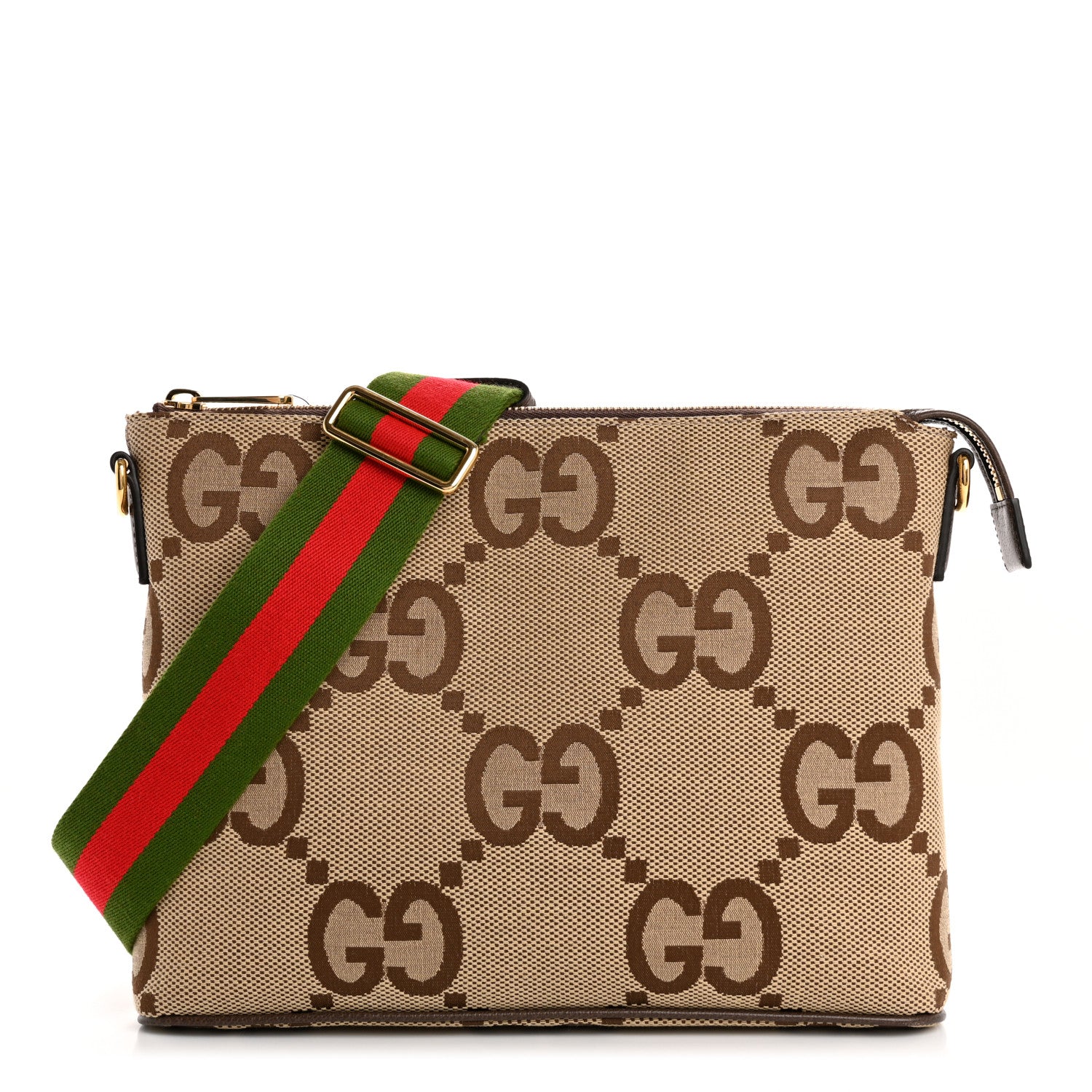 Gucci Monogram Jumbo GG Textured Dollar Calfskin Web Wristlet Messenger Bag Camel Ebony New Acero 1 of 9
