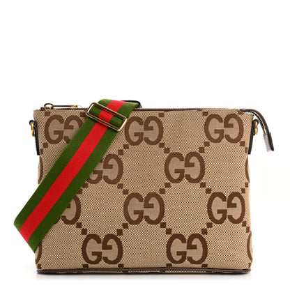 Gucci Monogram Jumbo GG Textured Dollar Calfskin Web Wristlet Messenger Bag Camel Ebony New Acero 1 of 9