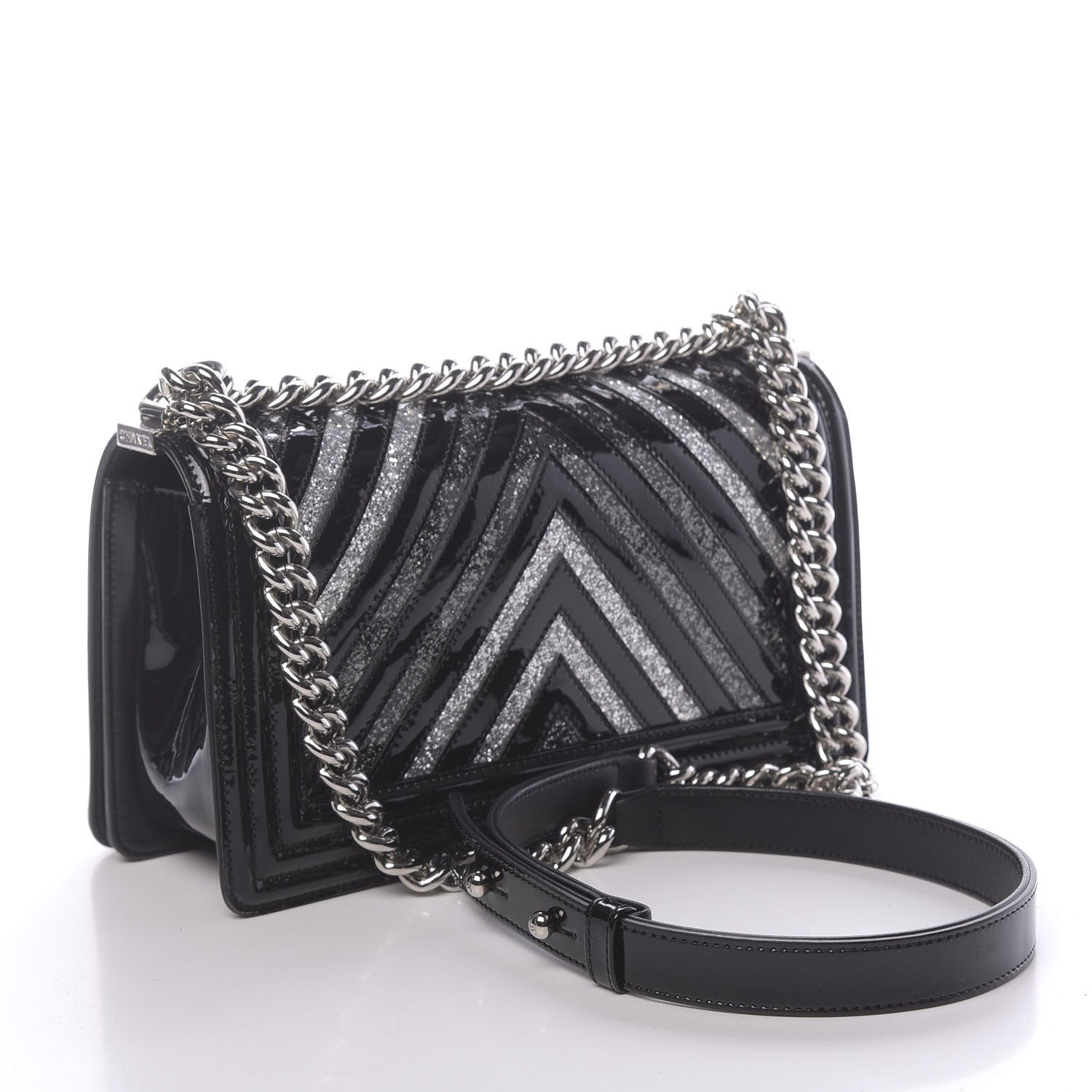 Chanel Patent Glitter PVC Chevron Quilted Medium Boy Flap Black Silver 3 of 13