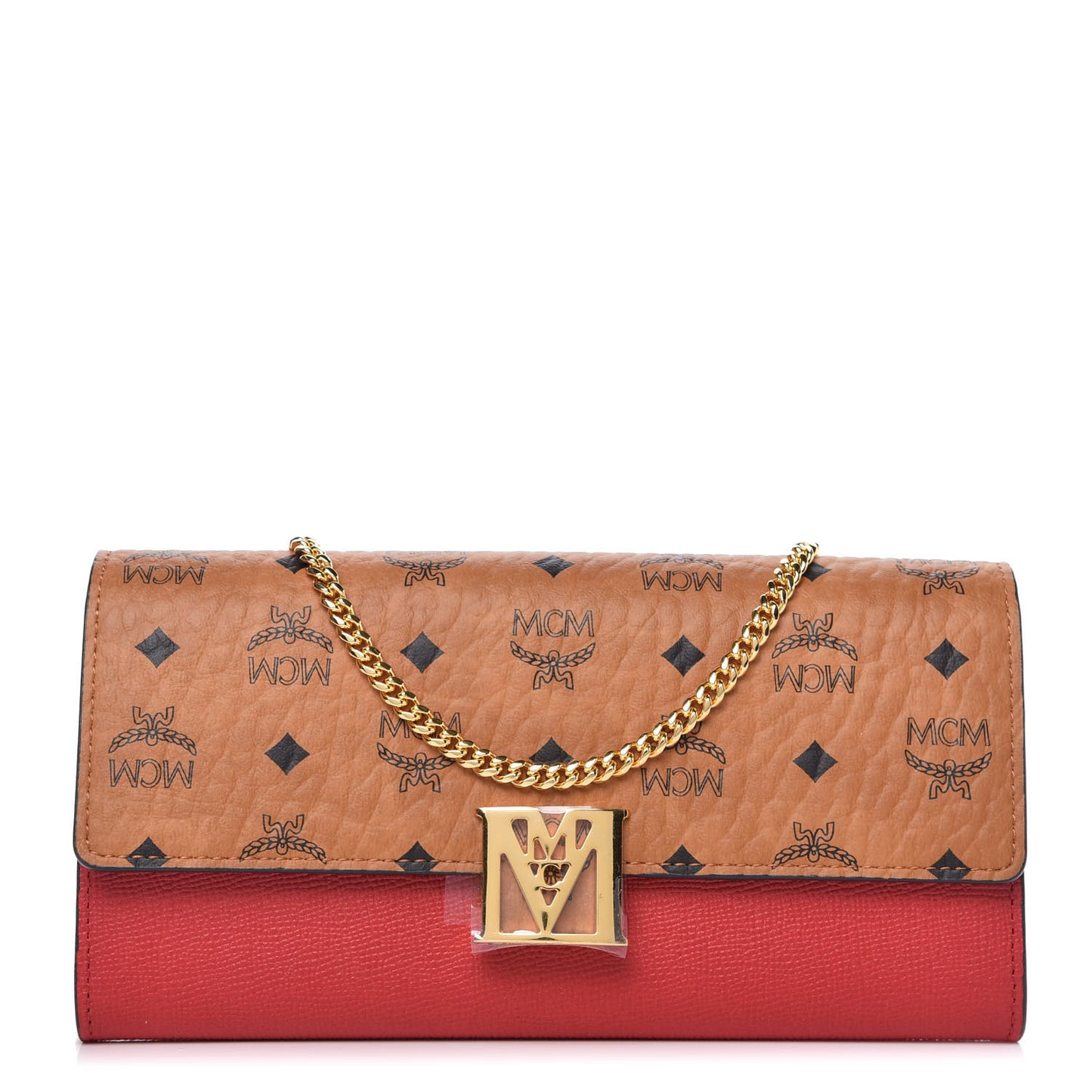 Visetos Calfskin Large Mena Crossbody Wallet On Chain Cognac Ruby Red