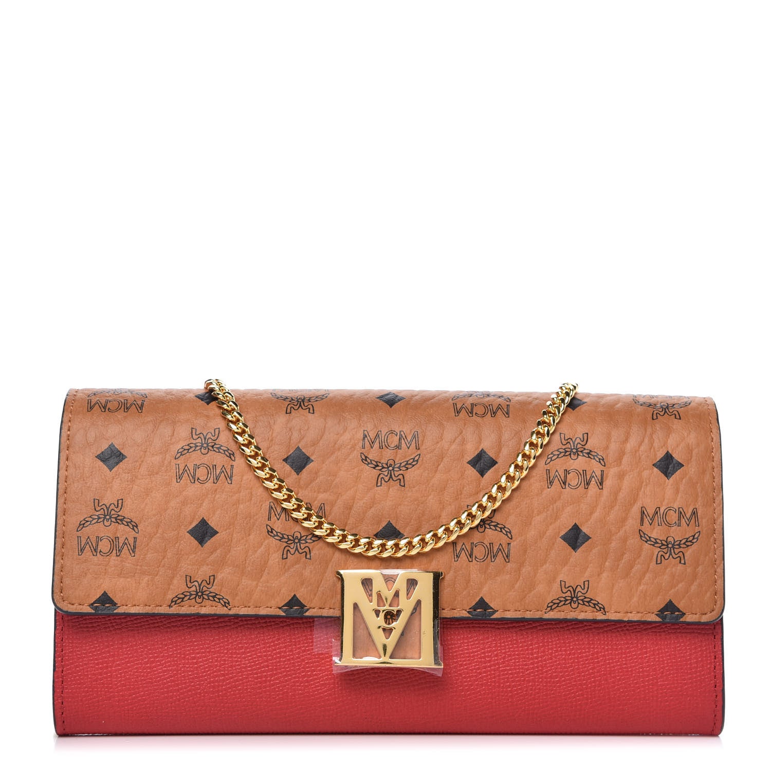 MCM Visetos Calfskin Large Mena Crossbody Wallet On Chain Cognac Ruby Red 1 of 9
