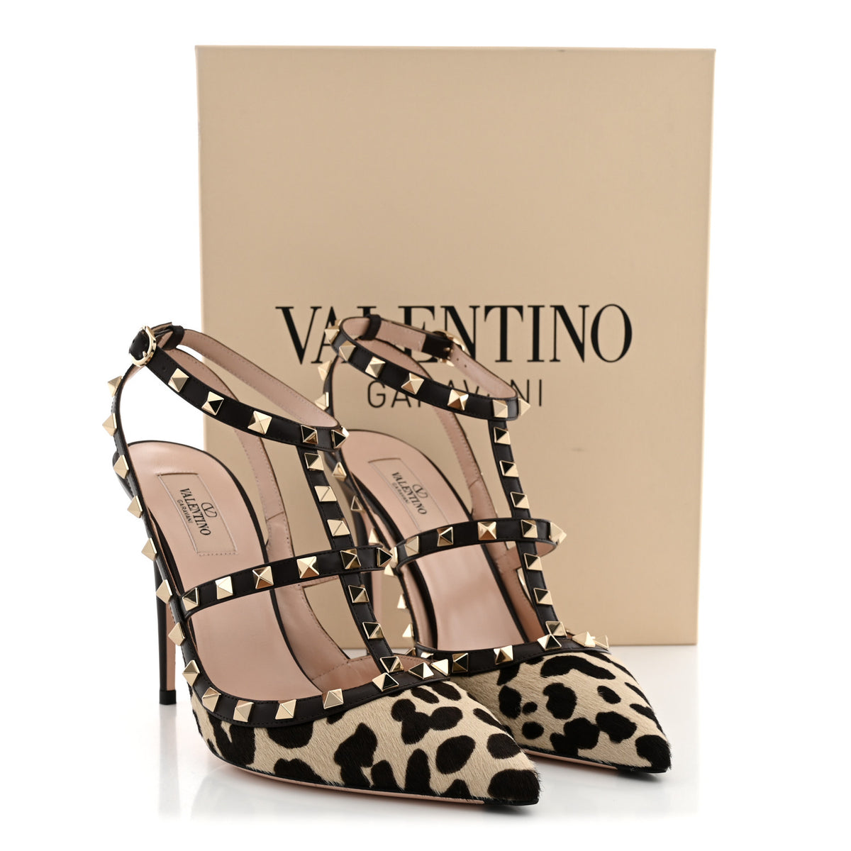 Calfskin Pony Hair Effect Rockstud Ankle Strap 100mm Pumps 41 Natural
